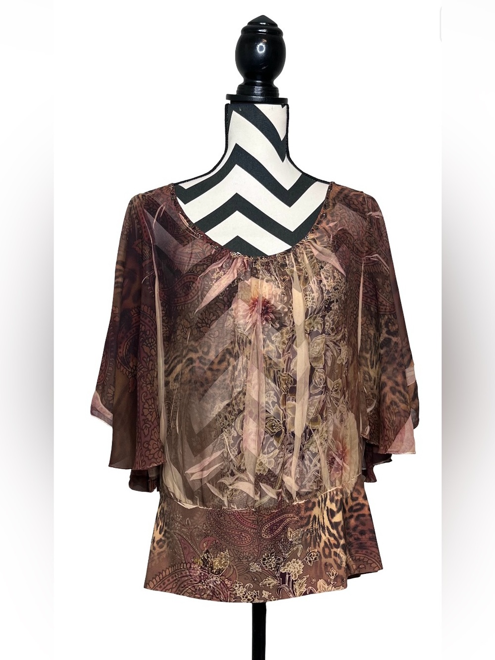 Fairy Grunge Y2K Whimsigoth Earthy Boho Beaded Sheer Flutter Sleeve Top Sz XL